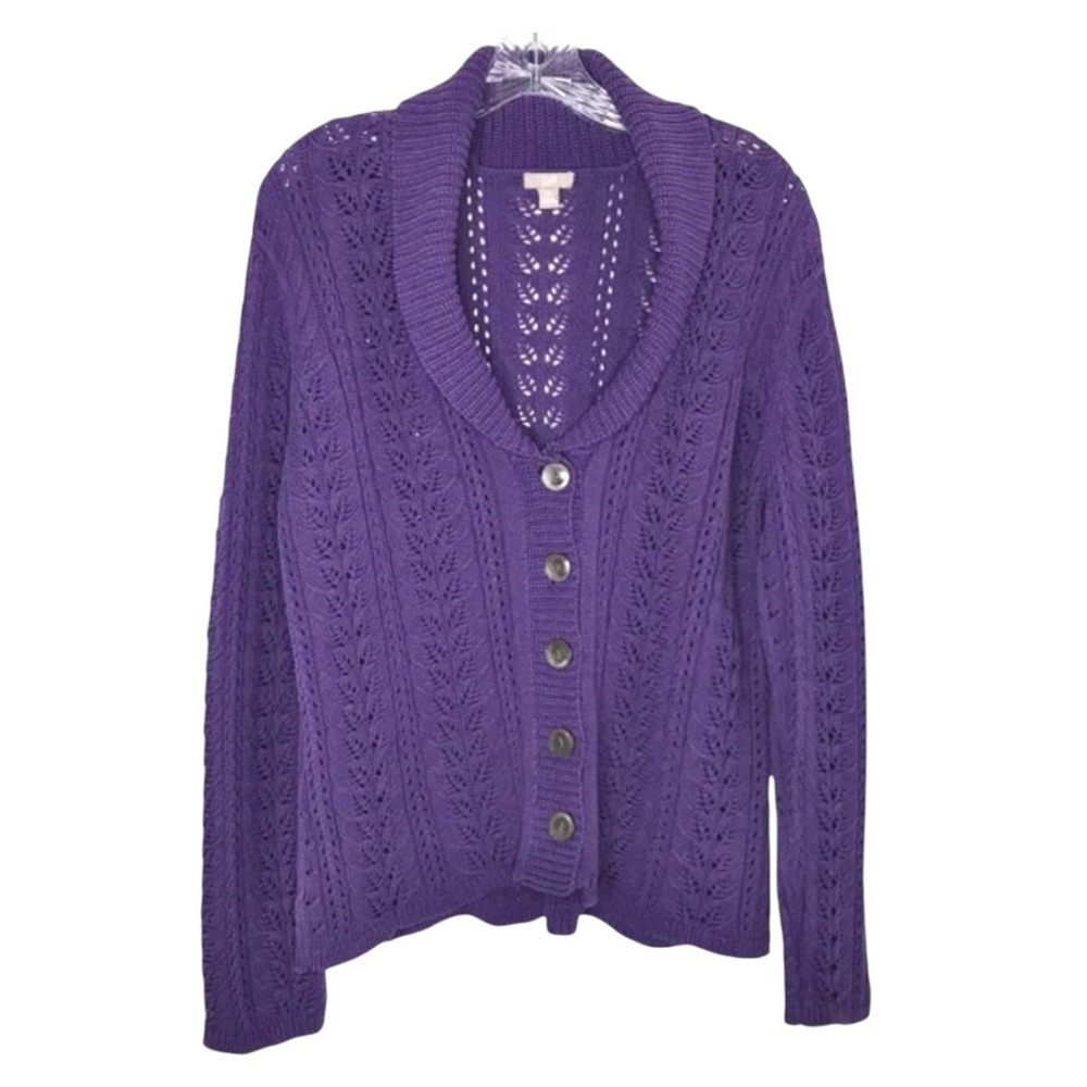 J JILL Cable/Pointelle Knit PURPLE SWEATER CARDIGAN Cotton Blend V-Neck Chunky M